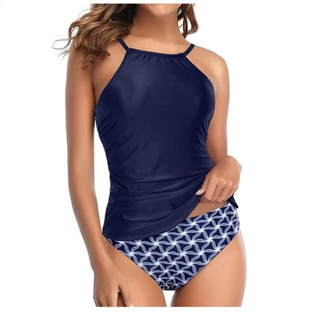 Tempt Me Two Piece Tankini Swimsuit for Women High Neck Ruched Tummy Control Top